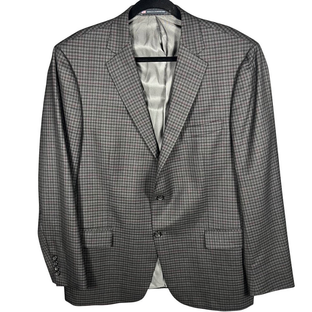 Hart Schaffner Marx Sport Coat Mens 46R Grey Red Plaid 2-Button Blazer USA Made